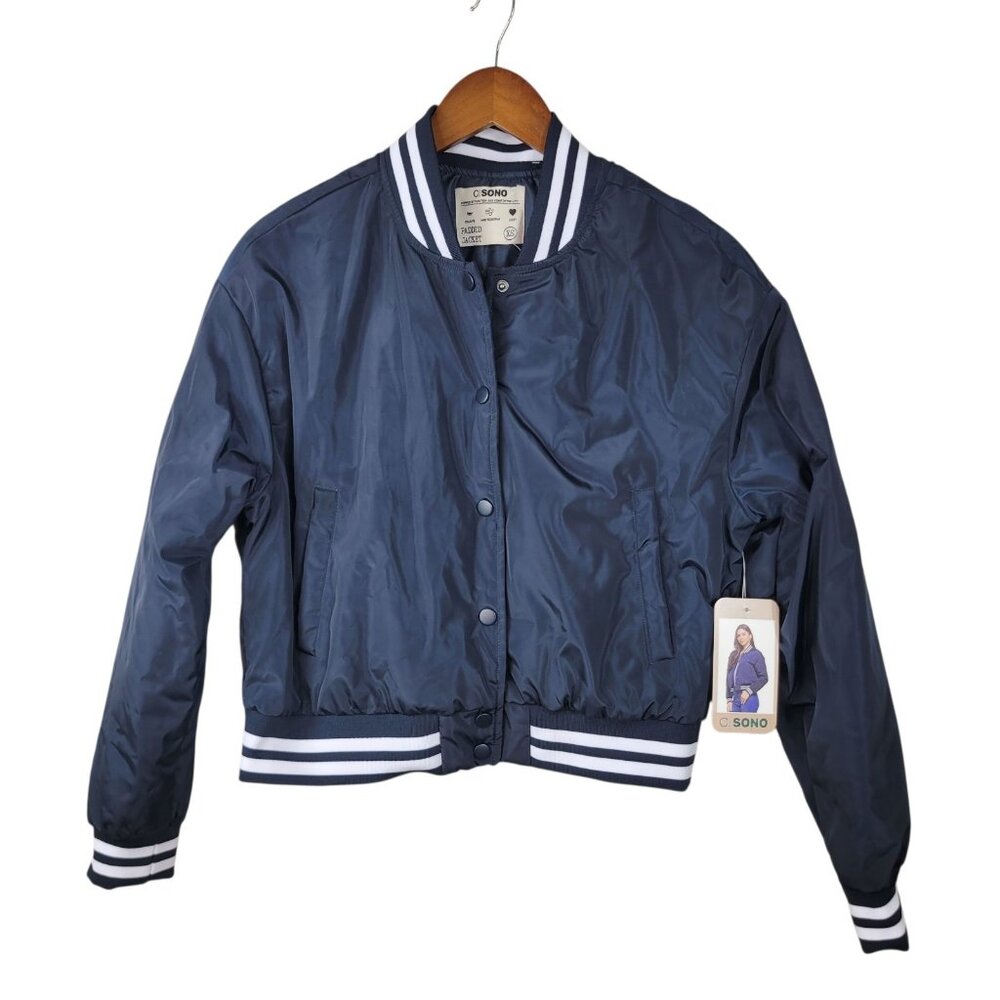 NEW CI SONO Juniors Size XS Varsity Jacket Snap Up Navy Blue Water Resistant